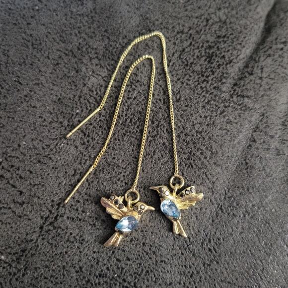 Blue and gold hummingbird dangle earrings - Picture 5 of 6